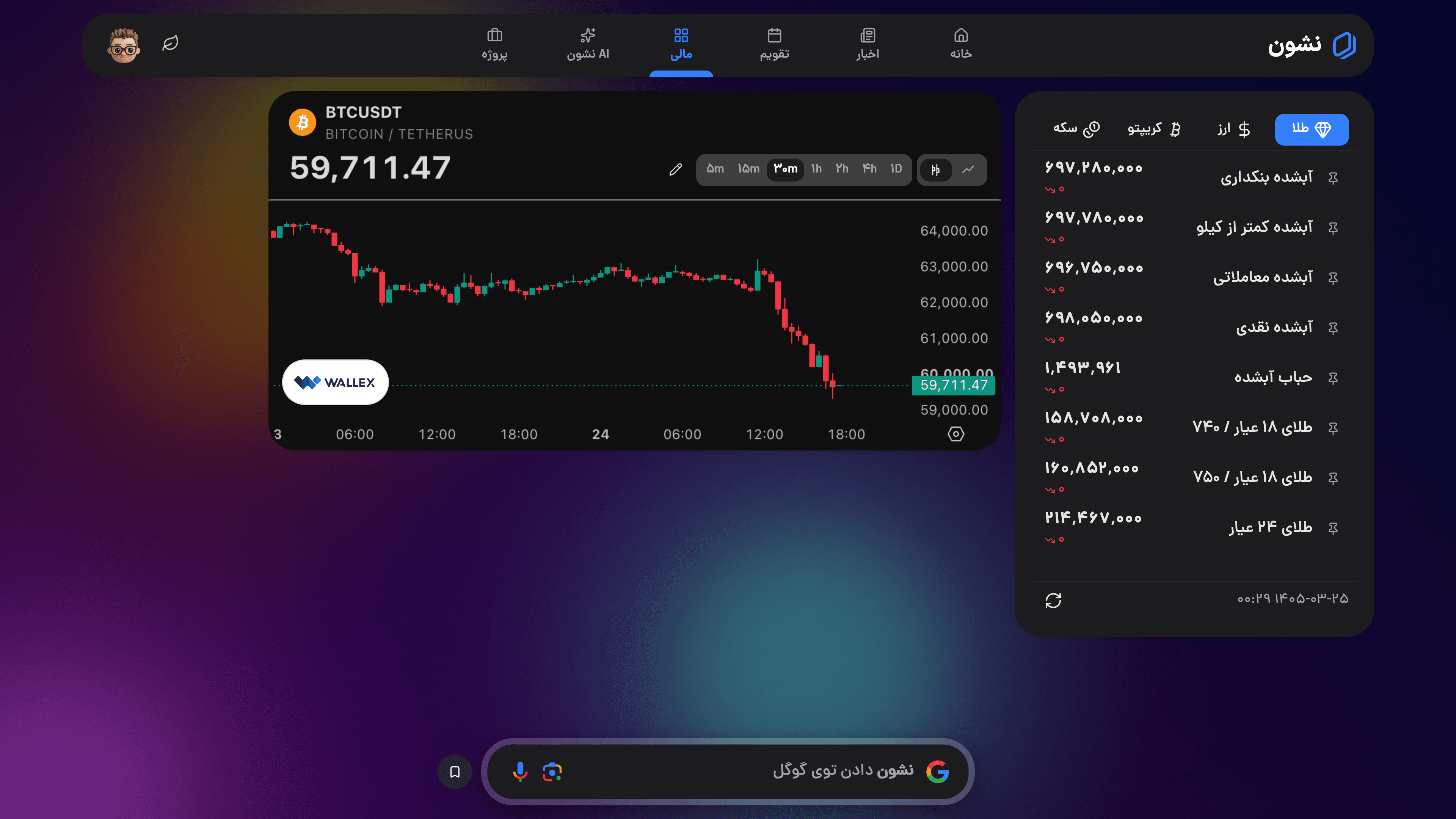 پیش‌نمایش تب مالی نشون